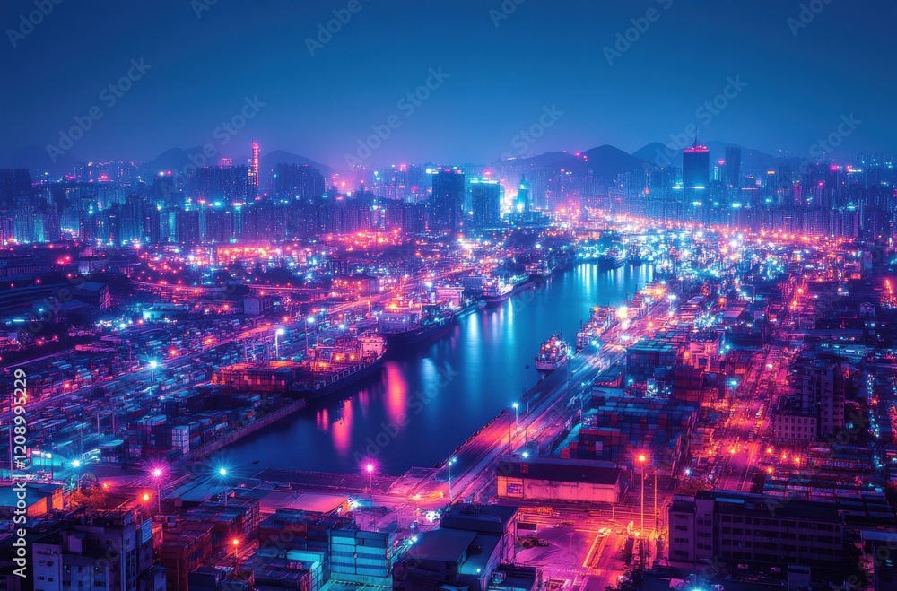Fototapeta premium Stunning Night View of a Vibrant Cityscape with Illuminated Skyscrapers and Reflections on a Serene River, Showcasing Modern Urban Life and Bright Lights