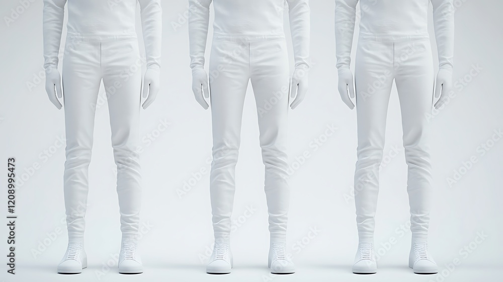 Three identical figures in white attire stand against a minimalist background, creating a striking visual contrast. Three identical figures in white attire stand against a minimalist background, creating a striking visual contrast.