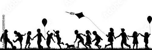 Silhouettes of children with dog playing outdoor.eps