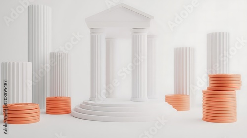 Wallpaper Mural A minimalist portrayal of a classical bank structure surrounded by stacks of orange coins, symbolizing finance and economy. Torontodigital.ca