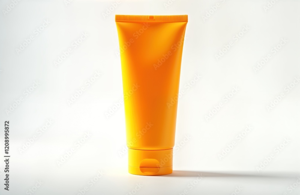 Orange tube of sunscreen on a plain white background. Product photography displays a tube of sunblock. Its vibrant color and simple design suggests skincare essentials for summer protection.