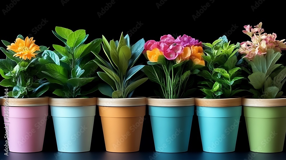 Naklejka premium Colorful potted plants arranged in a row against a black background
