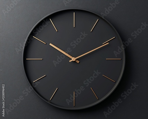 Minimalist black wall clock with copper hands showing the time.