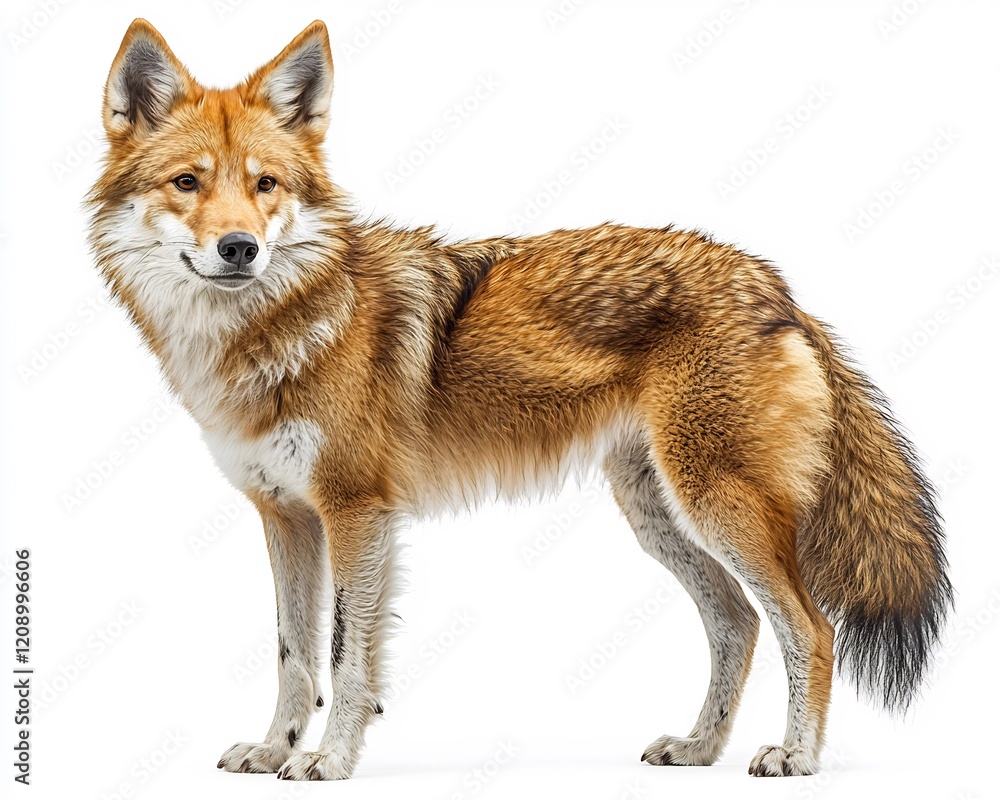 Obraz premium Dingo standing confidently with its tail slightly raised against a white background
