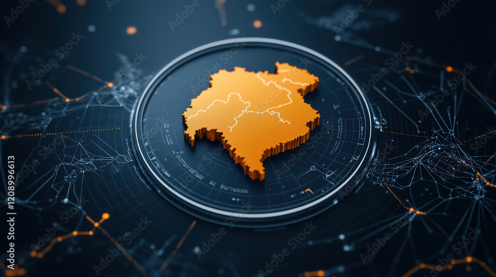 Fototapeta premium Engaging map visualization with orange 3D shape on dark background