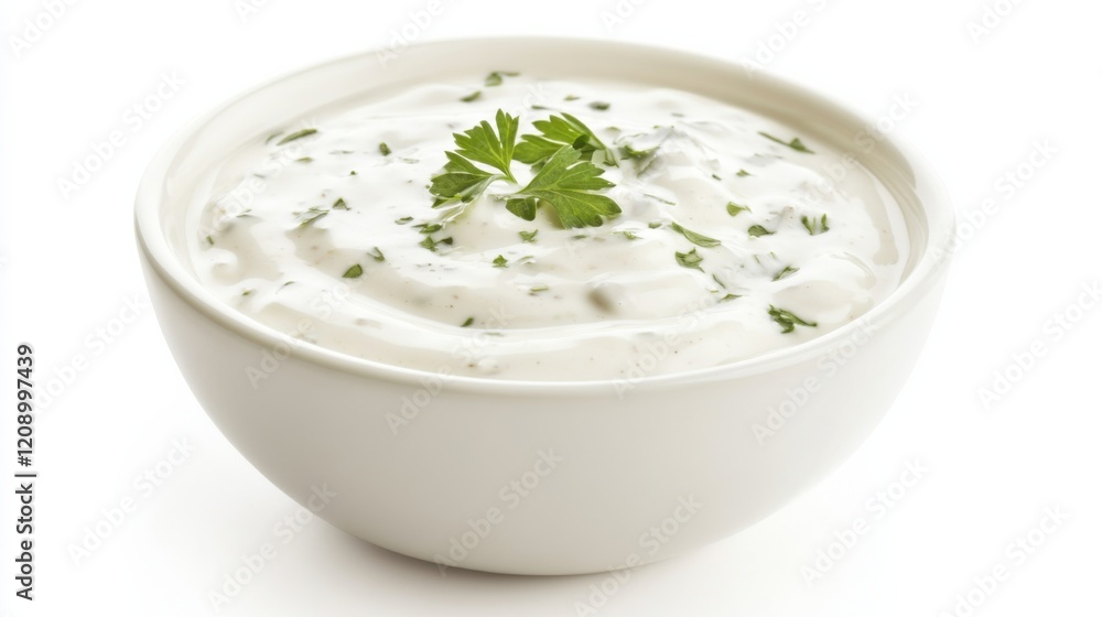 A bowl of creamy ranch dressing with buttermilk, sour cream, mayonnaise A bowl of creamy ranch dressing with buttermilk, sour cream, mayonnaise