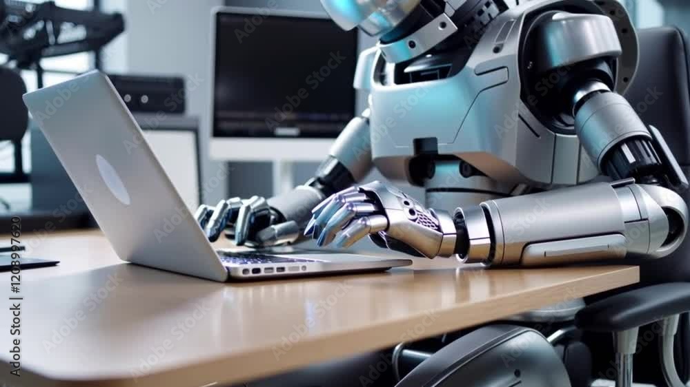 A robot sitting at a desk, working on a laptop, illustrating AI�s role in modern office environments. 4K quality. A robot sitting at a desk, working on a laptop, illustrating AI�s role in modern office environments. 4K quality.