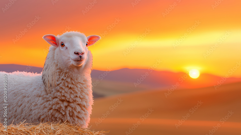 Fototapeta premium Fluffy sheep in golden sunset landscape with rolling hills