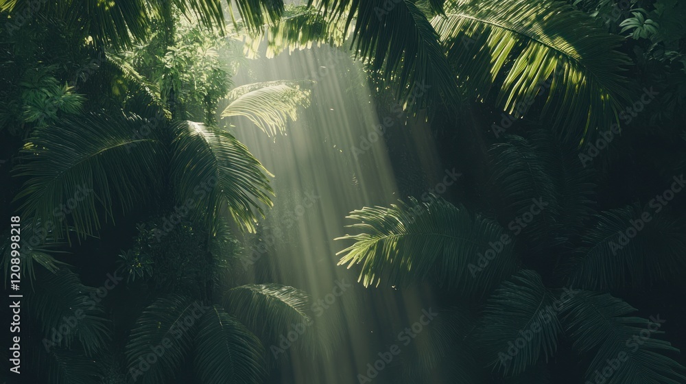 Naklejka premium Sunbeams Piercing Through Lush Tropical Rainforest Canopy