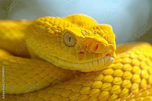 A close-up view of a vibrant yellow viper snake showcasing intricate scales and piercing eyes in a natural habitat during daylight photo