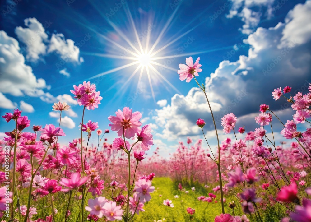 Peaceful Spring Meadow: Blooming Pink Flowers, Blue Sky, Soft Sunlight - High-Resolution Photo Peaceful Spring Meadow: Blooming Pink Flowers, Blue Sky, Soft Sunlight - High-Resolution Photo
