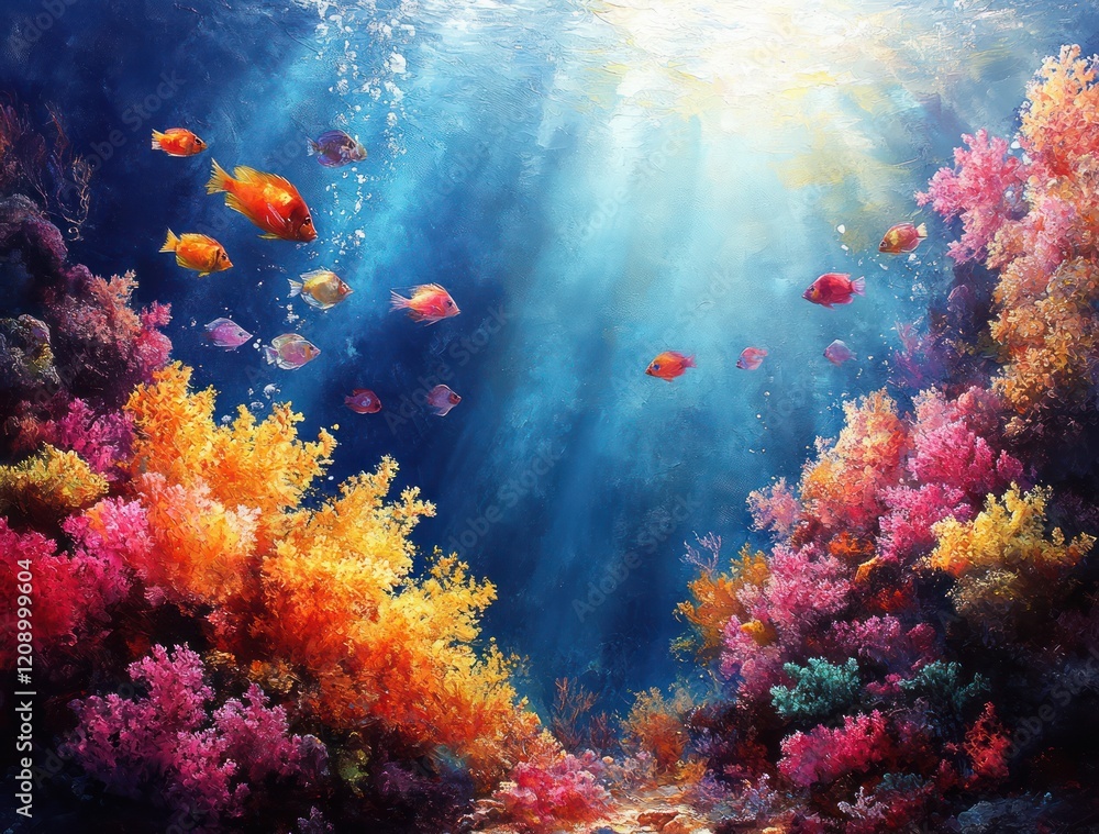 Naklejka premium Impressionist Underwater Coral Reef Scene With Colorful Fish Sunlight And Aquatic Life