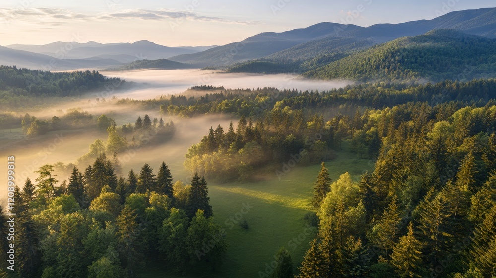 Obraz premium Pine forest with mountain and with fog aerial view in the morning photo illustration background wallpaper.
