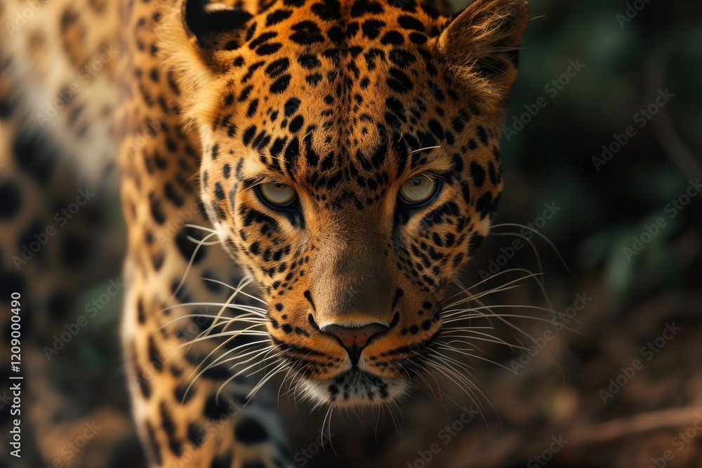 Naklejka premium A leopard stealthily stalking its prey in a dense jungle during the golden hour, showcasing its majestic coat and intense gaze