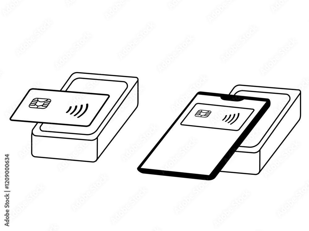 クレジットカードやスマホでタッチ決済をするイラスト 非接触型キャッシュレス支払い クレジットカードやスマホでタッチ決済をするイラスト 非接触型キャッシュレス支払い