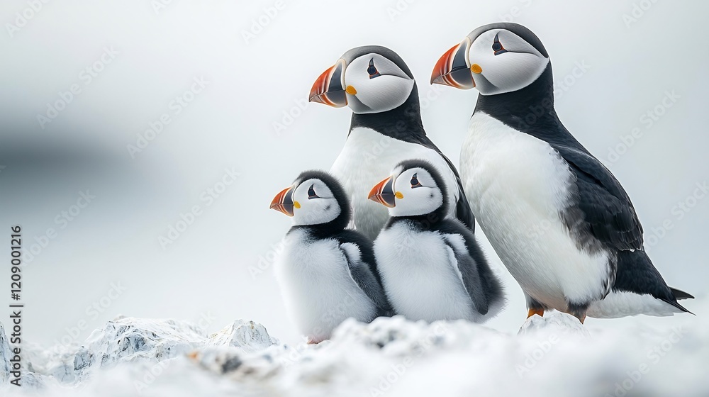 Fototapeta premium Family of puffins standing together on an invisible rocky shore against a white background