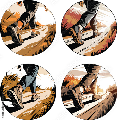 vector illustration of a person walking along a dirt road surrounded by nature.