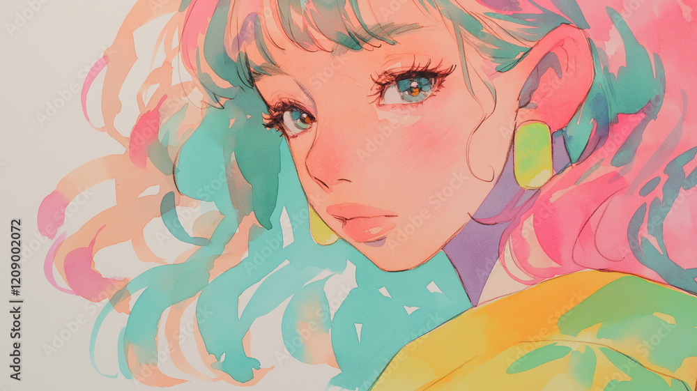 カラフルな色使いの女性イラスト｜和風デザインの肖像画。古い日本のアニメの女性をイメージしたイラスト。心地よい水彩画タッチ。