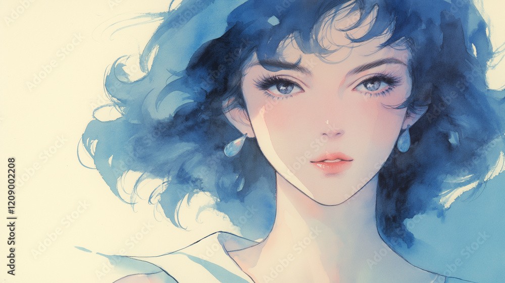 Fototapeta premium エレガントな女性と和の要素｜水彩画スタイルのポートレート。古い日本のアニメの女性をイメージしたイラスト。心地よい水彩画タッチ。