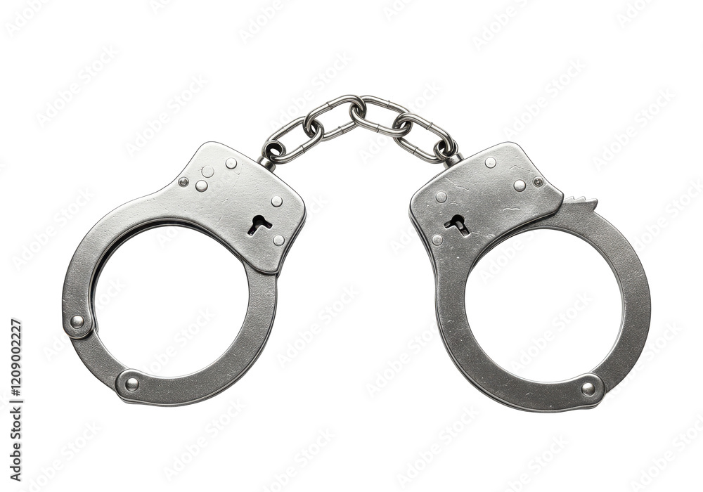 Pair of shiny silver handcuffs with a chain link in the middle, isolated on a white background Pair of shiny silver handcuffs with a chain link in the middle, isolated on a white background