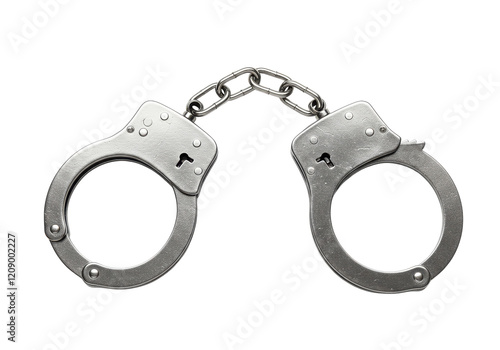 Pair of shiny silver handcuffs with a chain link in the middle, isolated on a white background