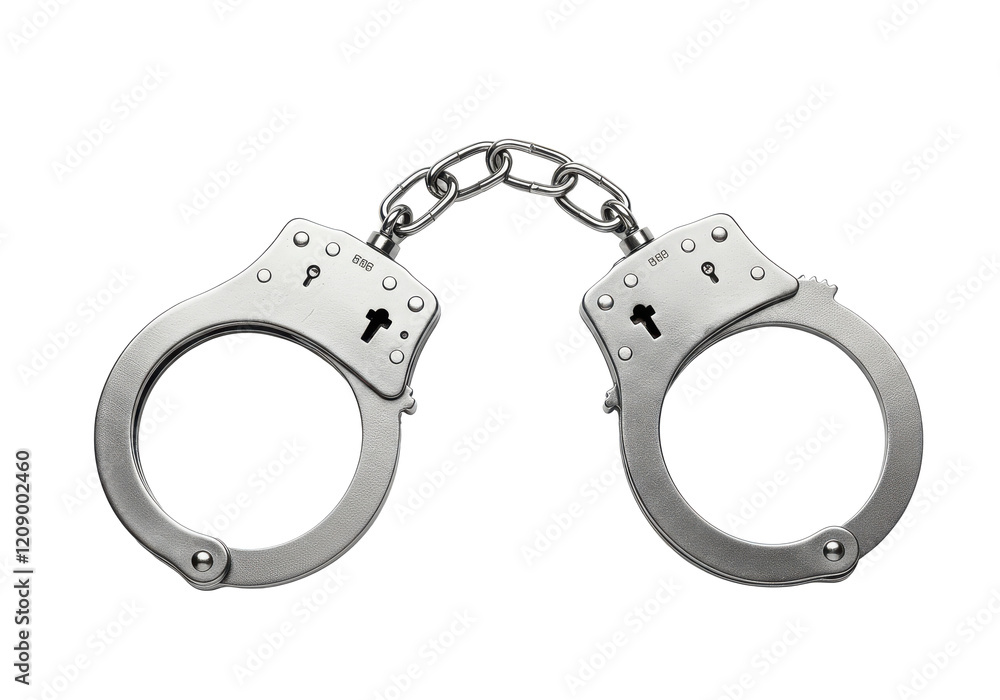 Pair of shiny silver handcuffs with a chain link in the middle, isolated on a transparent background Pair of shiny silver handcuffs with a chain link in the middle, isolated on a transparent background