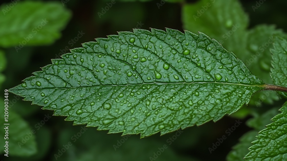 A single green leaf covered in water droplets A single green leaf covered in water droplets