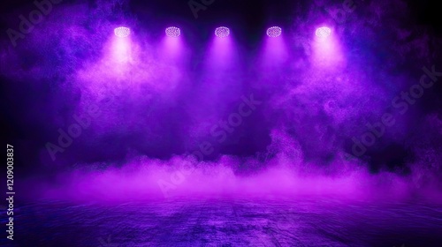 Wallpaper Mural The dark stage shows, purple background, an empty dark scene, neon light, spotlights The asphalt floor and studio room with smoke float up the interior texture for display products. Torontodigital.ca