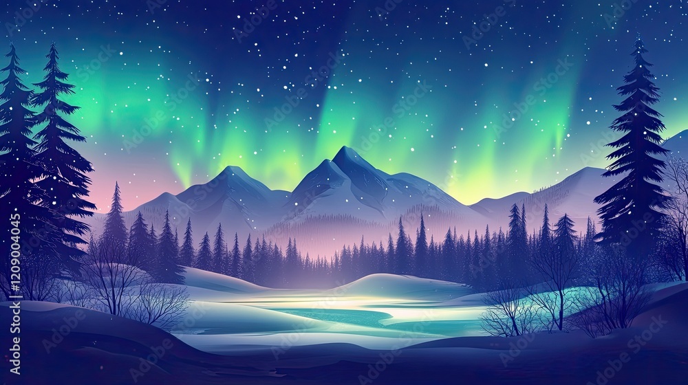 Naklejka premium Winter Wonderland Aurora Borealis Mountain Lake Scene