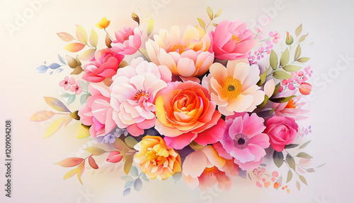 Floral Watercolor Dreams: A delicate watercolor painting featuring a vibrant bouquet of roses, peonies, and anemones in soft pastel hues, exudes a sense of romanticism and delicate beauty.