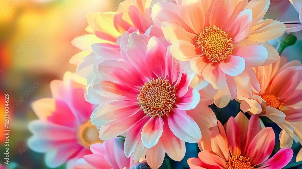 Obraz premium Pastel Gerbera Daisies: A vibrant close-up showcasing a bouquet of pastel-colored gerbera daisies, their delicate petals bathed in soft, warm light.