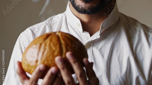 Smiling Man Holding Freshly Baked Bread Shot in Natural Light