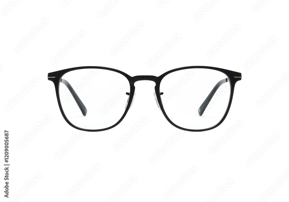 Modern black-rimmed eyeglasses with a minimalist design, isolated on a white background Modern black-rimmed eyeglasses with a minimalist design, isolated on a white background