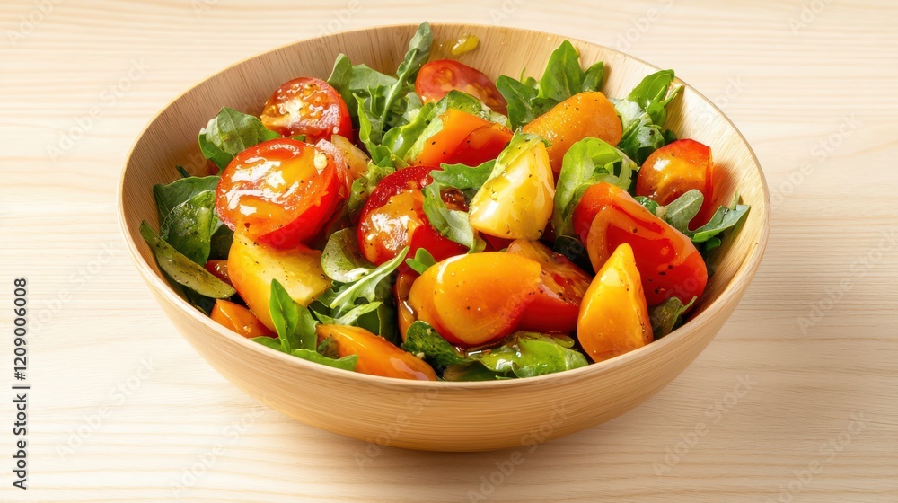 A bowl of fresh salad with vibrant greens, tomatoes, and dressing, set on a light wooden table. A bowl of fresh salad with vibrant greens, tomatoes, and dressing, set on a light wooden table.