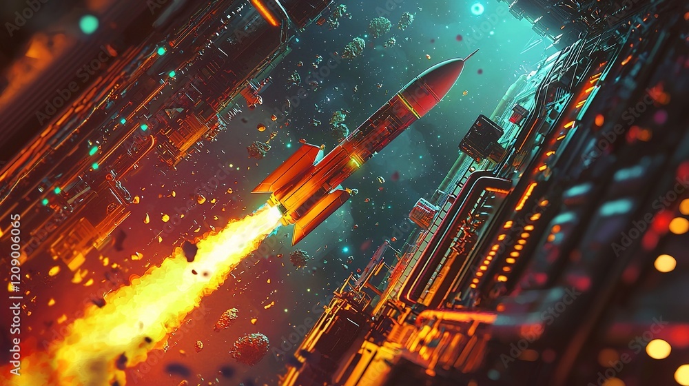 Naklejka premium Rocket Launch in Futuristic City