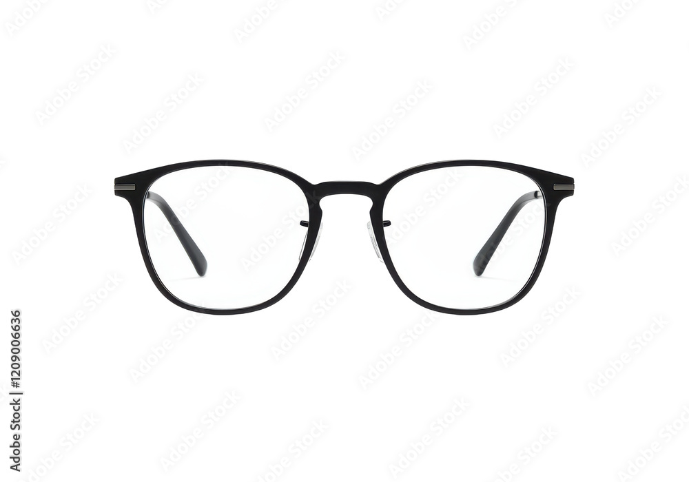 Modern black-rimmed eyeglasses with a minimalist design, isolated on a white background Modern black-rimmed eyeglasses with a minimalist design, isolated on a white background