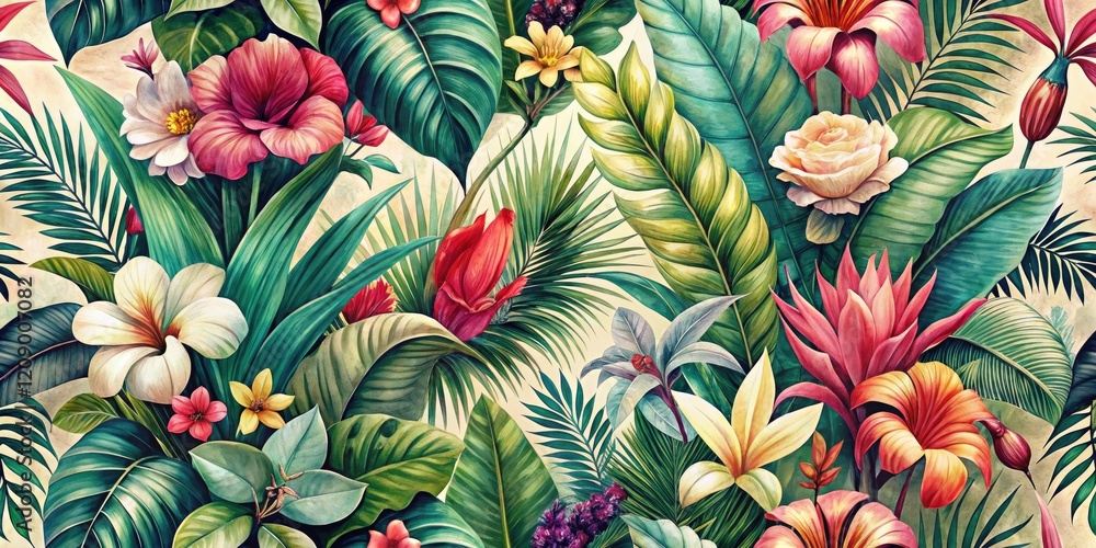 Fototapeta premium Vintage Tropical Watercolor Pattern: Lush Botanical Prints, Exotic Flowers, Retro Style