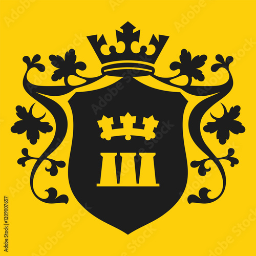 Black Coat of Arms silhouette with Crown on a Yellow Background