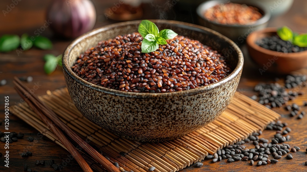 Steaming Bowl of Red Rice with Basil Garnish Steaming Bowl of Red Rice with Basil Garnish