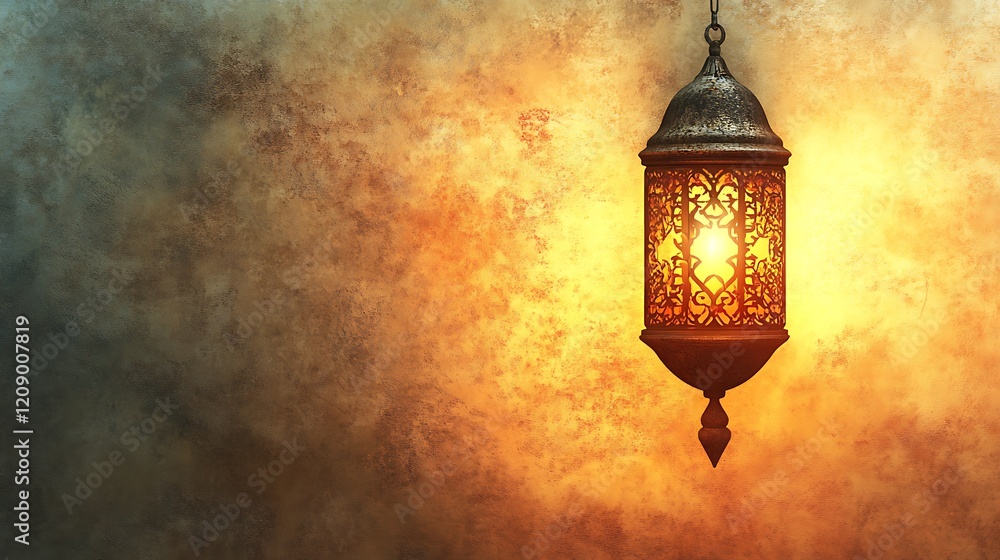 Illuminated Ornate Lantern Against Warm Textured Wall Illuminated Ornate Lantern Against Warm Textured Wall
