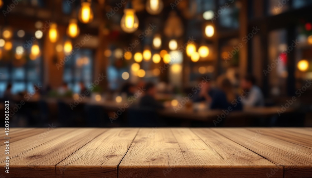 Rustic Wooden Tabletop in a Busy Restaurant at Night Rustic Wooden Tabletop in a Busy Restaurant at Night