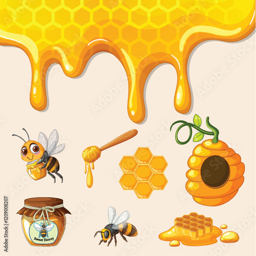 Sweet Honey and Busy Bees Illustration