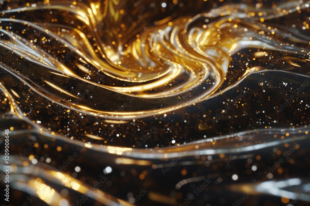 Liquid metal flows in mesmerizing ripples under cosmic lights, creating a stunning display of golden hues against a dark backdrop Liquid metal flows in mesmerizing ripples under cosmic lights, creating a stunning display of golden hues against a dark backdrop