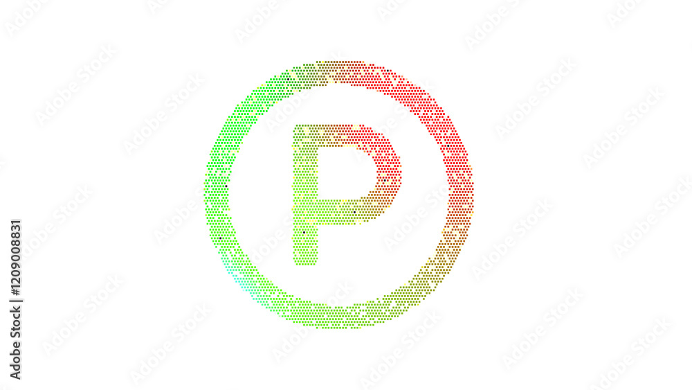 Fototapeta premium Icon parking circle is made up of LED square shapes. There are bright diodes and there are black dead diodes