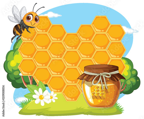 Bee and Honeycomb with Jar of Honey