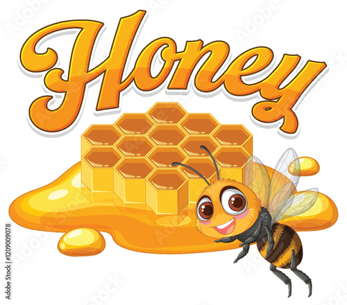 Cute Bee with Honeycomb and Honey