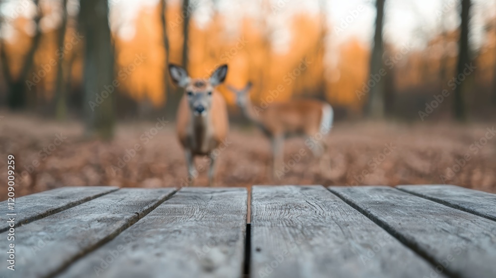 Naklejka premium Deer grazing in the background of rustic wooden table in forest