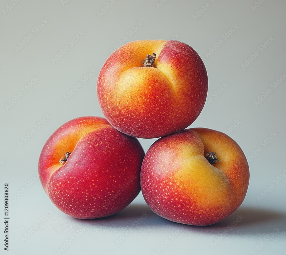 Minimalistic Still Life of Three Peaches Stacked Vertical on White Background Minimalistic Still Life of Three Peaches Stacked Vertical on White Background