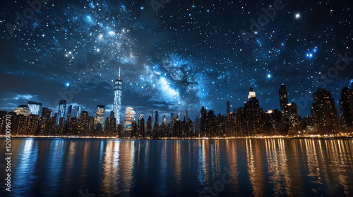 Fototapeta Naklejka Na Ścianę i Meble -  stunning city skyline under starry night sky with reflections on water
