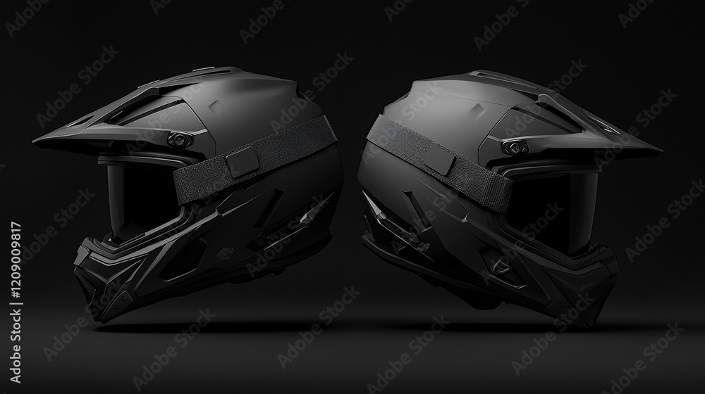 Fototapeta premium Two matte black motocross helmets angled, dark background.
